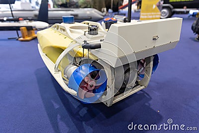 Yellow robotic equipment - industrial underwater drone - equipment for science or military - close up Editorial Stock Photo