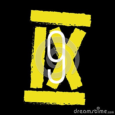 Yellow Roman numeral 9 on black background. Old roman antique alphabet number and font roman alphabet. Vector Illustration