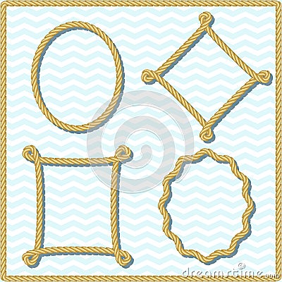 Yellow rope frames with shadows. Set of woven borders with knots and corners. Marine decorative elements. Vector Illustration