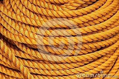 Yellow rope pile closeup photo. Ship or rock climbing tackle. Natural material woven cordage. Simple rope bulk concept Stock Photo