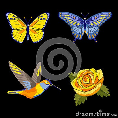 Rose, hummingbird and butterflies embroidery set Vector Illustration