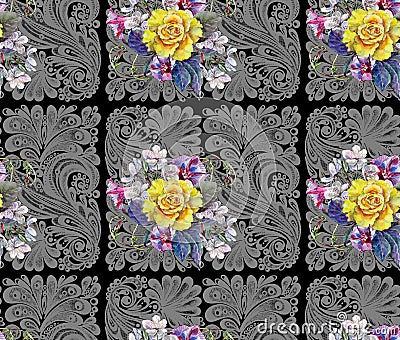 Yellow rose, flower cherry, bouquet, watercolor, pattern seamless Stock Photo