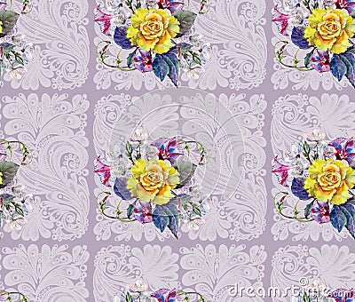 Yellow rose, flower cherry, bouquet, watercolor, pattern seamless Stock Photo