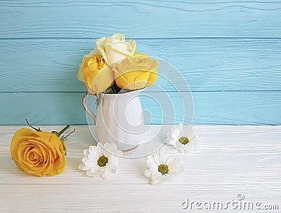 Yellow fresh rose vase chrysanthemum anniversary wooden background frame nature greeting decoration birthday Stock Photo