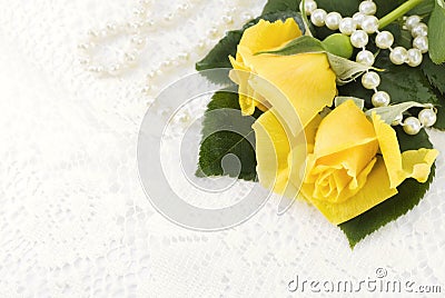 Yellow Roses On Lace Background Stock Photo