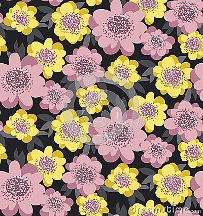 Yellow and rosy stylized floral seamless pattern. Vector Illustration