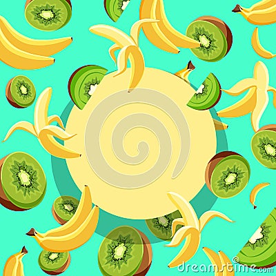 Yellow round background with bananas and kiwi. Vector Illustration