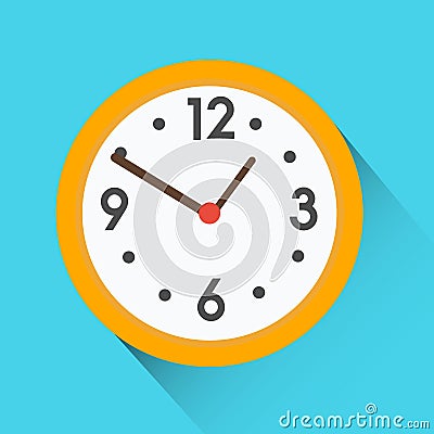 Yellow round clock on blue background. Flat vector icon with long shadow Vector Illustration