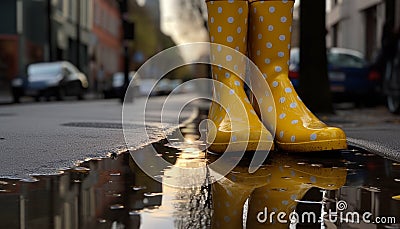 Yellow rubber boots splash through muddy puddles generated by AI Stock Photo