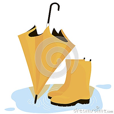 Yellow rubber boots and a yellow umbrella for walking in cloudy weather against the backdrop of a puddle. slush and puddles. Vector Illustration