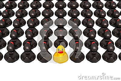 Yellow rubber duck among black rubber ducks. 3D rendering Stock Photo