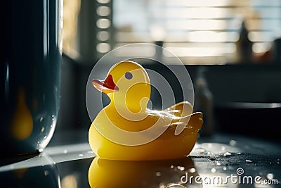 Yellow rubber duck in clean bathroom. Generative AI Stock Photo
