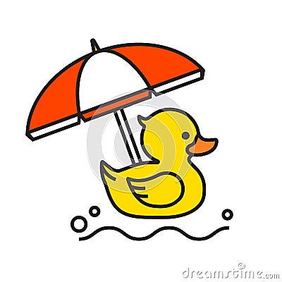 Yellow rubber duck icon with beach umbrella Vector Illustration