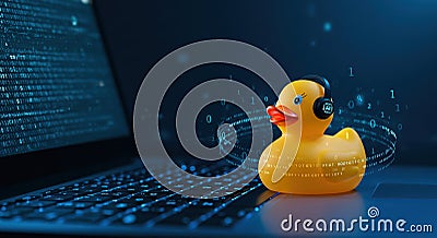 Rubber Duck Debugging on Laptop with Binary Code Visuals Concept Stock Photo