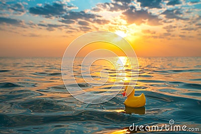 Yellow rubber duck toy floating in sea water. Beautiful sunrise on the beach Stock Photo