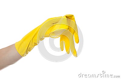 Yellow rubber gloves for cleaning on white background, workhouse concept Stock Photo