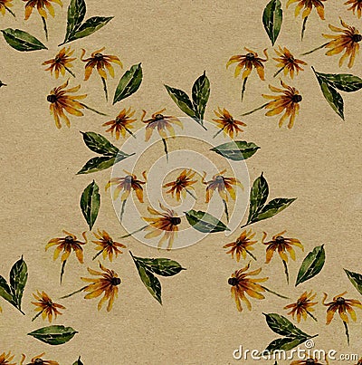 Yellow rudbeckia rhomb seamless pattern on rough brown paper Stock Photo