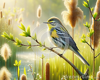 Yellow Rumped Warbler Perched Marsh Bulrush Springtime Morning Sunrise Small Bird AI Generated Stock Photo