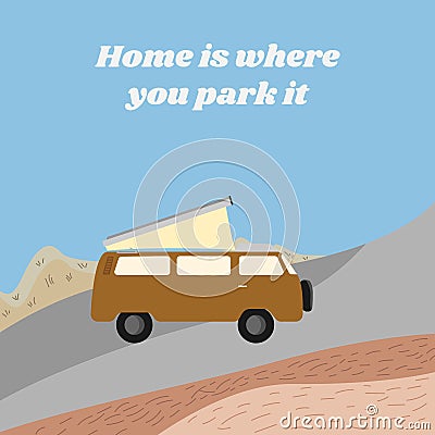 Yellow rv camp van with Tent on the roof. Nomad lifestyle. Responsible sustainable local travel. Motorhome acessories Vector Illustration