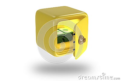 Yellow safe with money and dollars. Icons of safe for bank. Vault with lock. Protection, security concept. 3D render Stock Photo