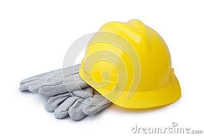 yellow safety helmet and gloves Stock Photo