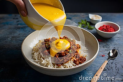 Yellow sauce being poured into a bowl, a culinary delight Stock Photo
