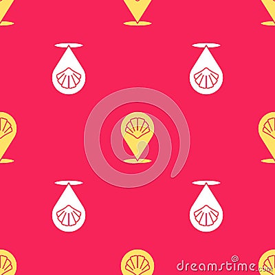 Yellow Scallop sea shell icon isolated seamless pattern on red background. Seashell sign. Vector Stock Photo
