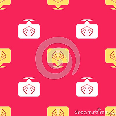 Yellow Scallop sea shell icon isolated seamless pattern on red background. Seashell sign. Vector Vector Illustration