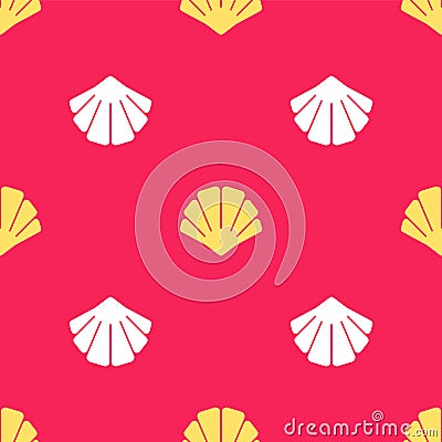 Yellow Scallop sea shell icon isolated seamless pattern on red background. Seashell sign. Vector Vector Illustration