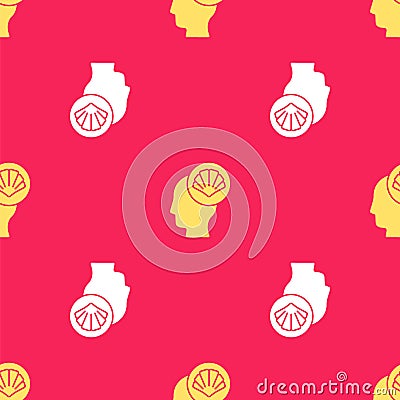 Yellow Scallop sea shell icon isolated seamless pattern on red background. Seashell sign. Vector Vector Illustration