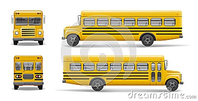 Yellow school bus front, back and side view. Transportation and vehicle transport, back to the school. Relistic bus Vector Illustration