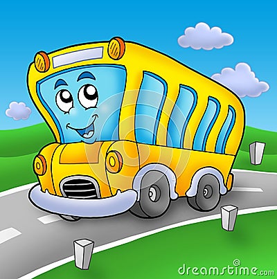 Yellow school bus on road Cartoon Illustration