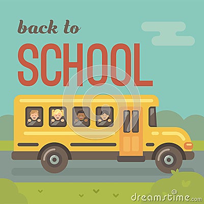 Yellow school bus on the road with four children Vector Illustration
