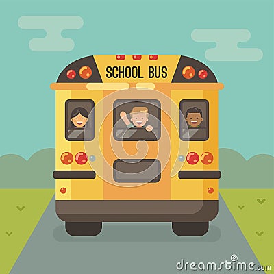 Yellow school bus on the road with three children Vector Illustration