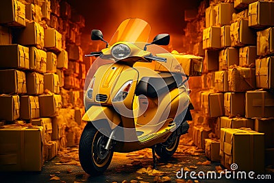 A yellow scooter parked in front of a pile of boxes Stock Photo