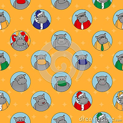 Yellow seamless pattern of different hippos. Happy, sad, angry, in love, female with lipstick, Santa hippopotamus, Happy Birthday Vector Illustration