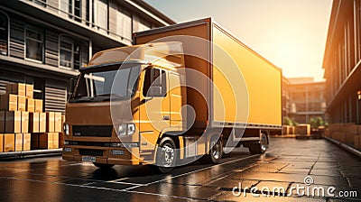 Yellow semi-trailer truck load in warehouse Stock Photo