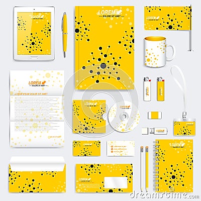 Yellow set of vector corporate identity template. Modern medical stationery mock-up. Branding design with molecule Vector Illustration