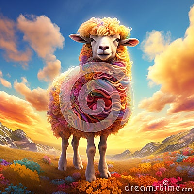Yellow Sheep in Dream-like Setting Stock Photo