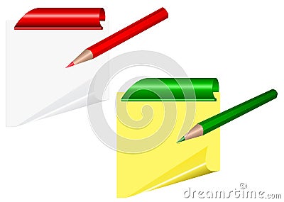 Yellow sheets with curled corner and clips with pencil Stock Photo