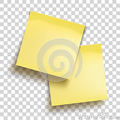 Yellow sheets of note papers. Two sticky notes. Template for design. Yellow note with place for you text over transparent Vector Illustration