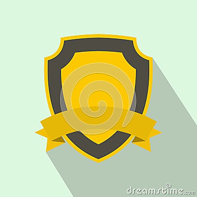 Yellow shield with ribbon icon, flat style Vector Illustration