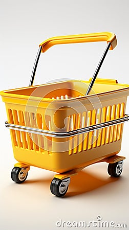 Yellow shopping basket stands alone on white backdrop, depicted in 3D illustration. Cartoon Illustration