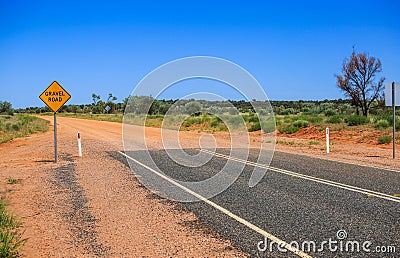 End road. Yellow sign gravel road. Finish. The end. Stop Stock Photo