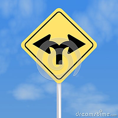 Yellow sign with split arrows Stock Photo