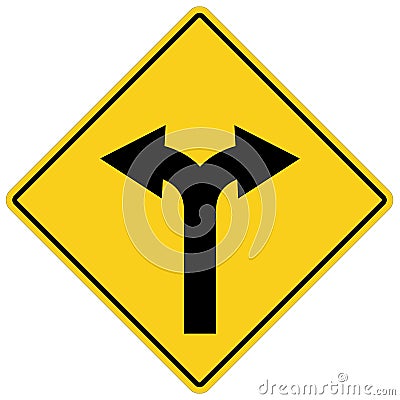 Yellow sign with two arrows. fork road yellow warning symbol. Stock Photo