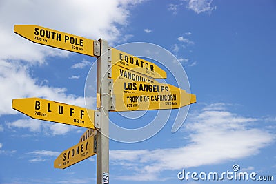 Yellow signposts to major cities from Cape Reinga, New Zealand Stock Photo