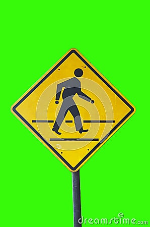 Yellow signs to beware human walk cross road Stock Photo