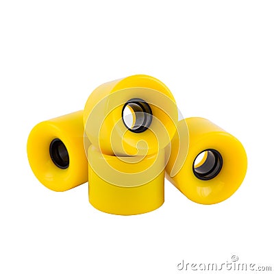Yellow skateboard wheels isolated on white, close up Stock Photo