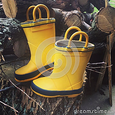 Yellow slickers on a pile of wood Stock Photo